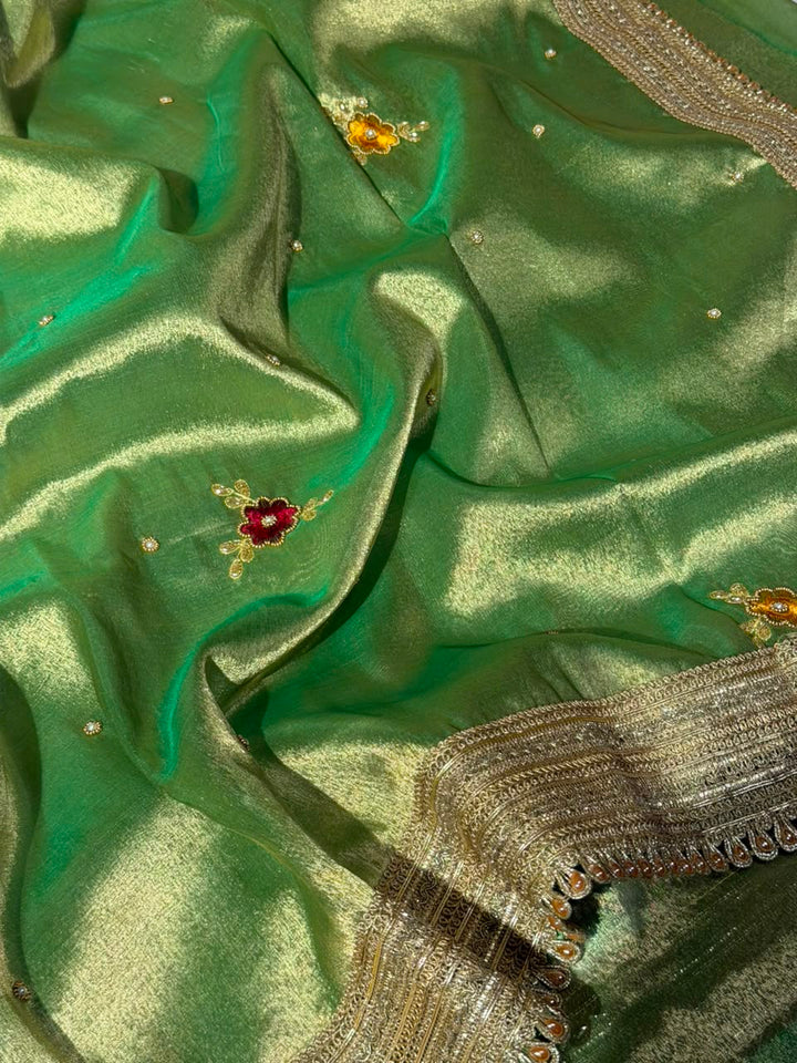 Pretty Green Kora Tissue Silk Handwork Banarasi Saree