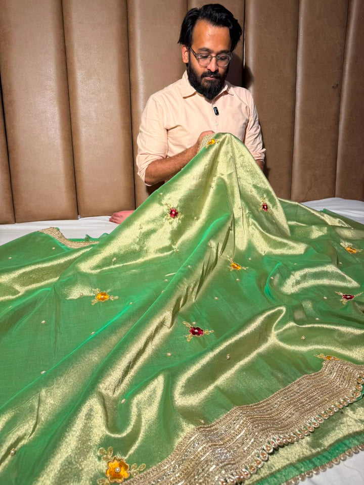 Pretty Green Kora Tissue Silk Handwork Banarasi Saree
