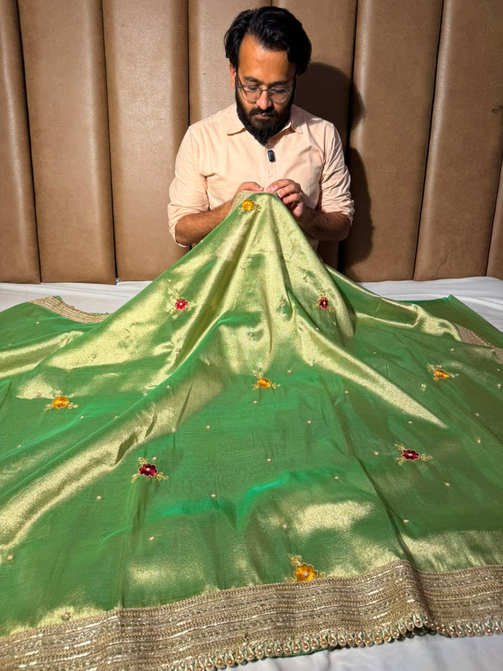 Pretty Green Kora Tissue Silk Handwork Banarasi Saree