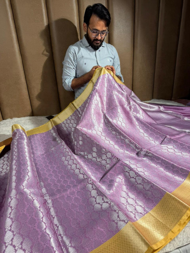 Pretty Lavender Kanjivaram Embossed Tissue Saree