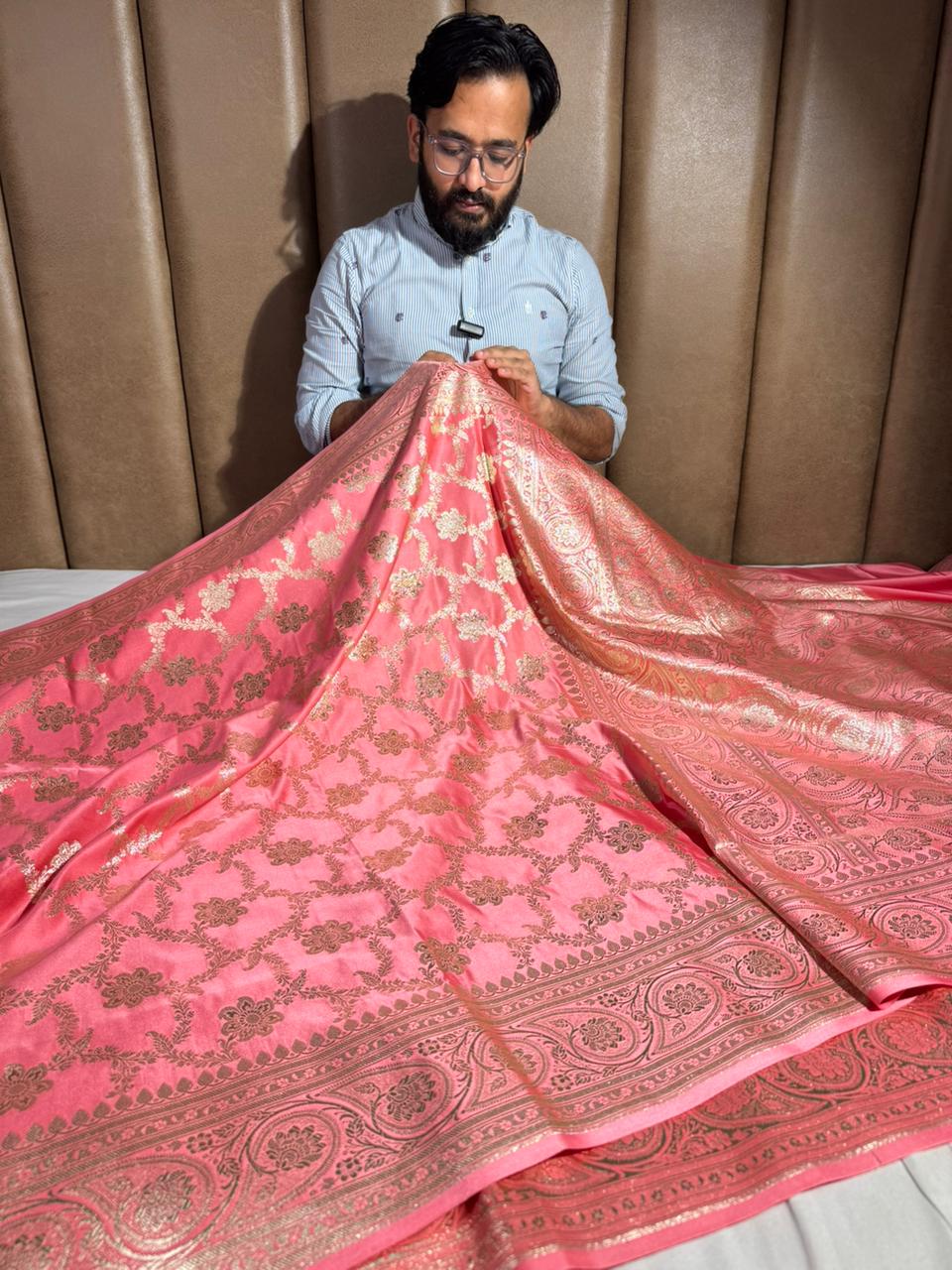 Pretty Peach Satin Silk Heritage Floral Weave Saree