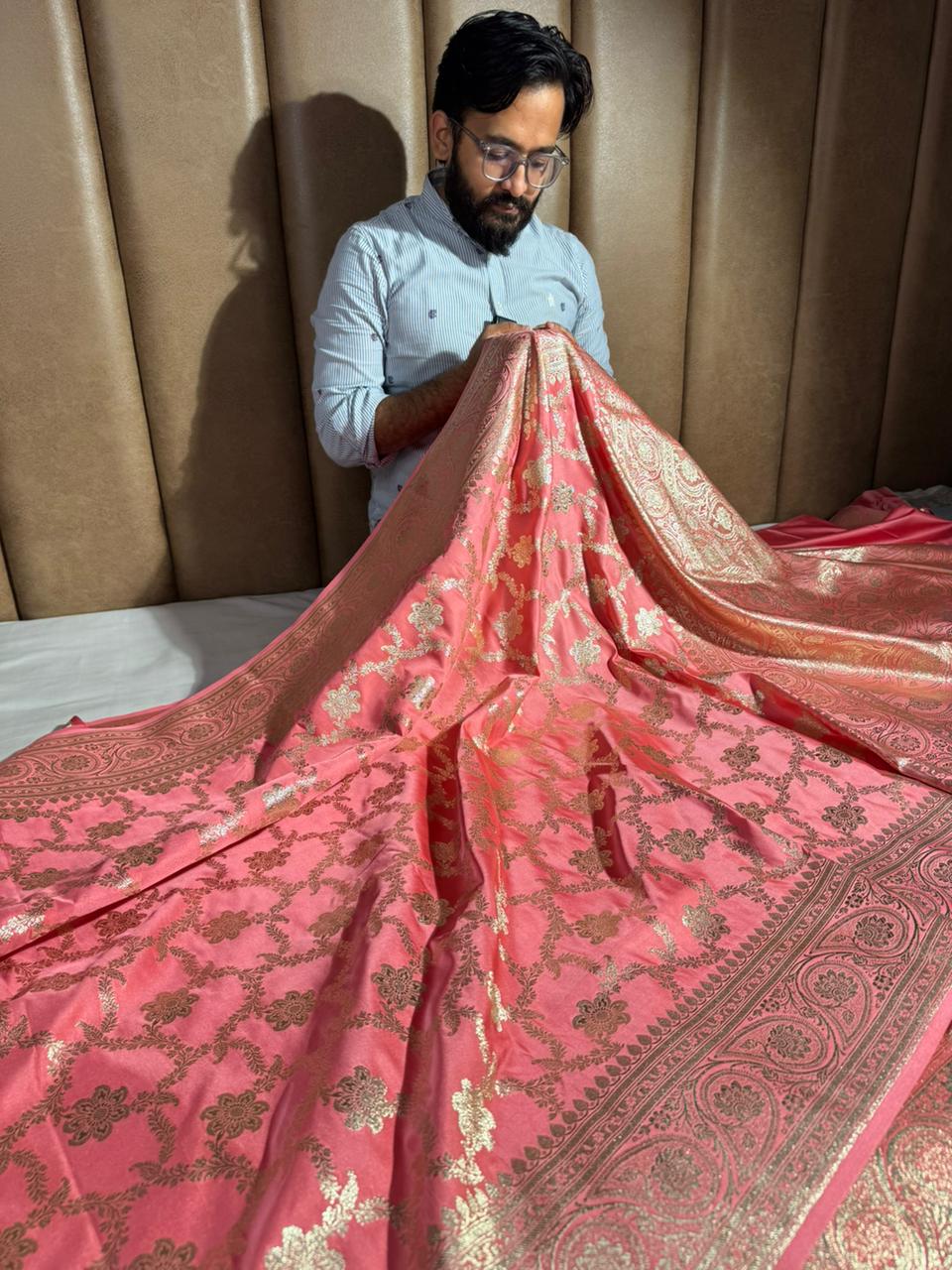Pretty Peach Satin Silk Heritage Floral Weave Saree