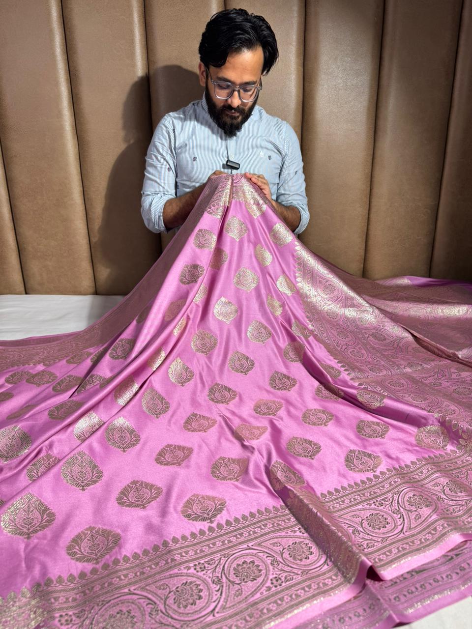 Pretty Pink Satin Silk Traditional Zari Buta Weave Saree