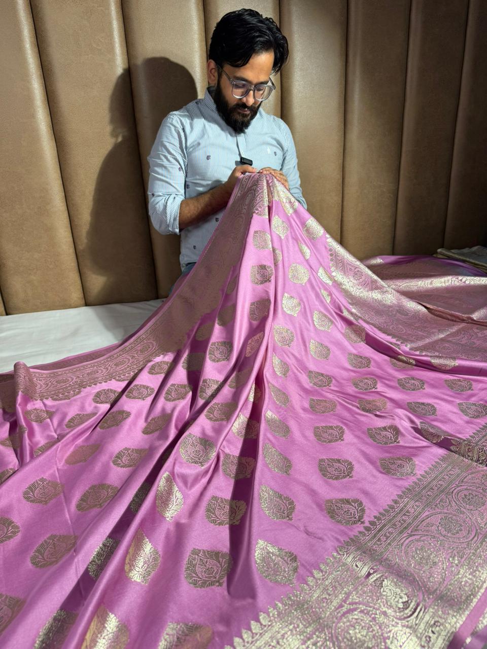 Pretty Pink Satin Silk Traditional Zari Buta Weave Saree