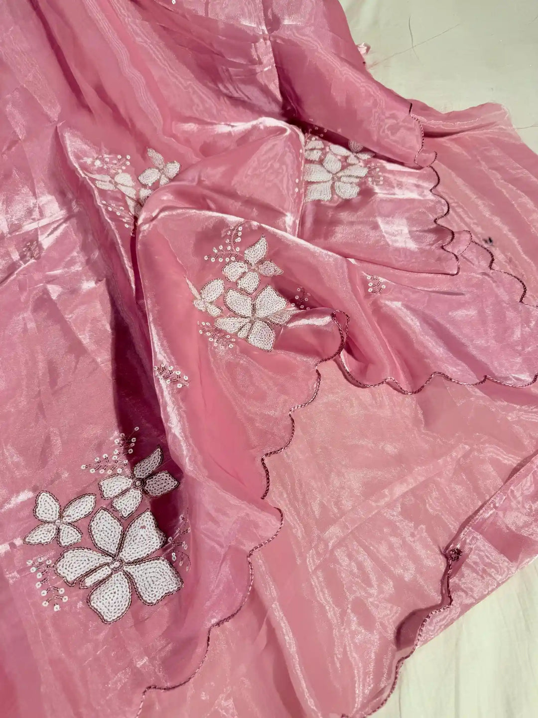 Pretty Pink Shimmery Tissue Silk Threads Sequins Work Designer Saree