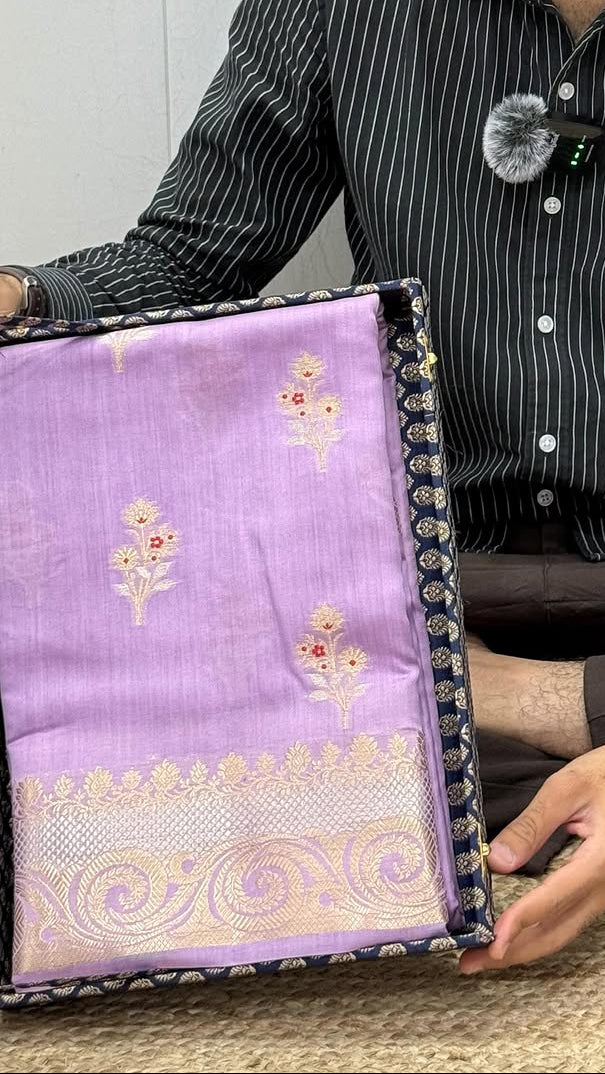 Pretty Subtle Lavender Pure Chiniya Silk Banarasi Saree with Intricate Meenakari Butas and Beautiful Heritage Border n Pallu