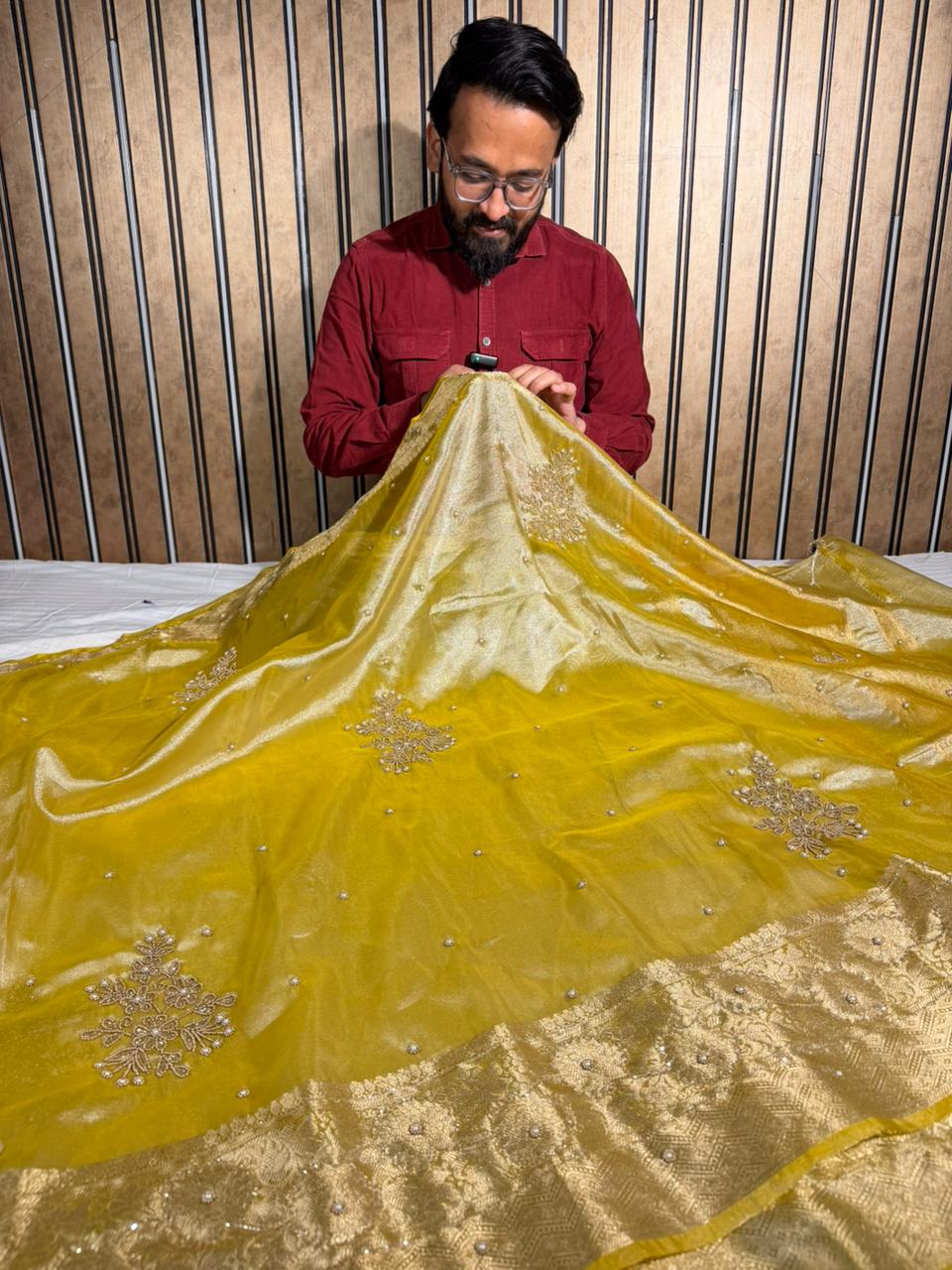 Pretty Yellow Tissue Silk Premium Handwork Banarasi Saree