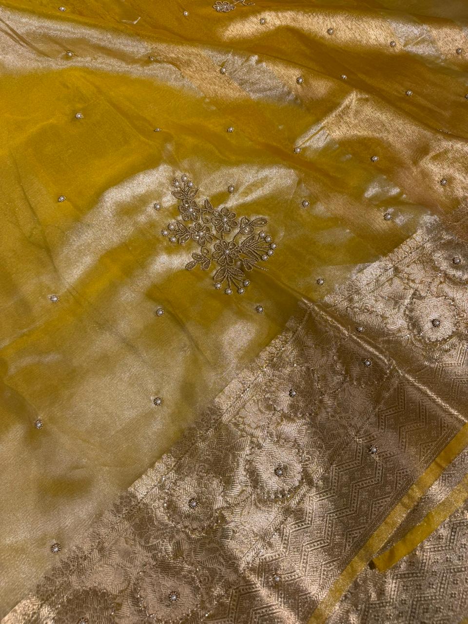 Pretty Yellow Tissue Silk Premium Handwork Banarasi Saree