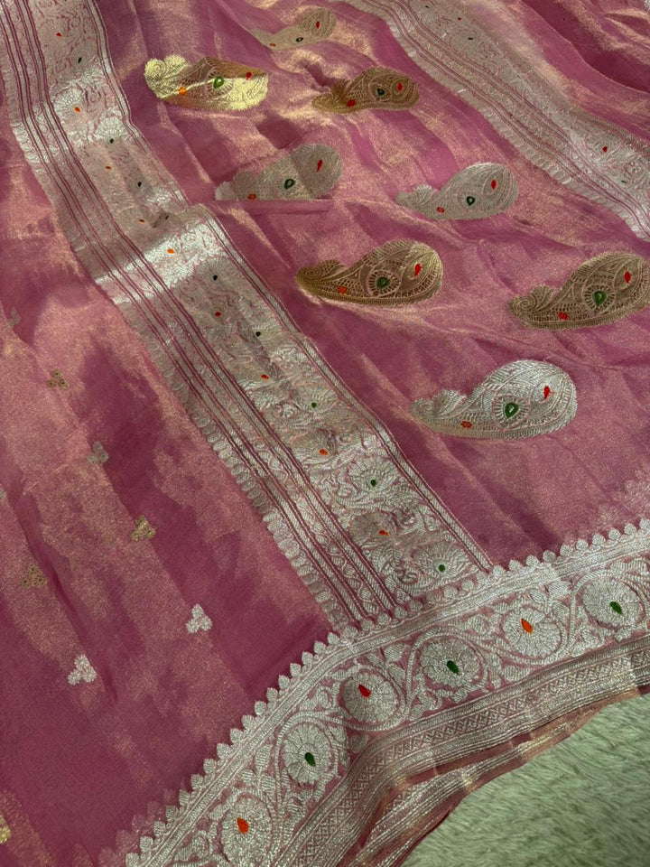 Pretty Metallic Pink Pure Khaddi Tissue Silk Handwoven Banarasi Saree