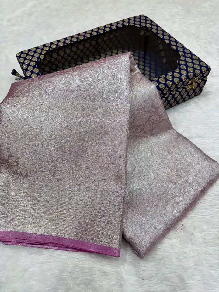 Pretty pink embossed kanjivaram tissue saree