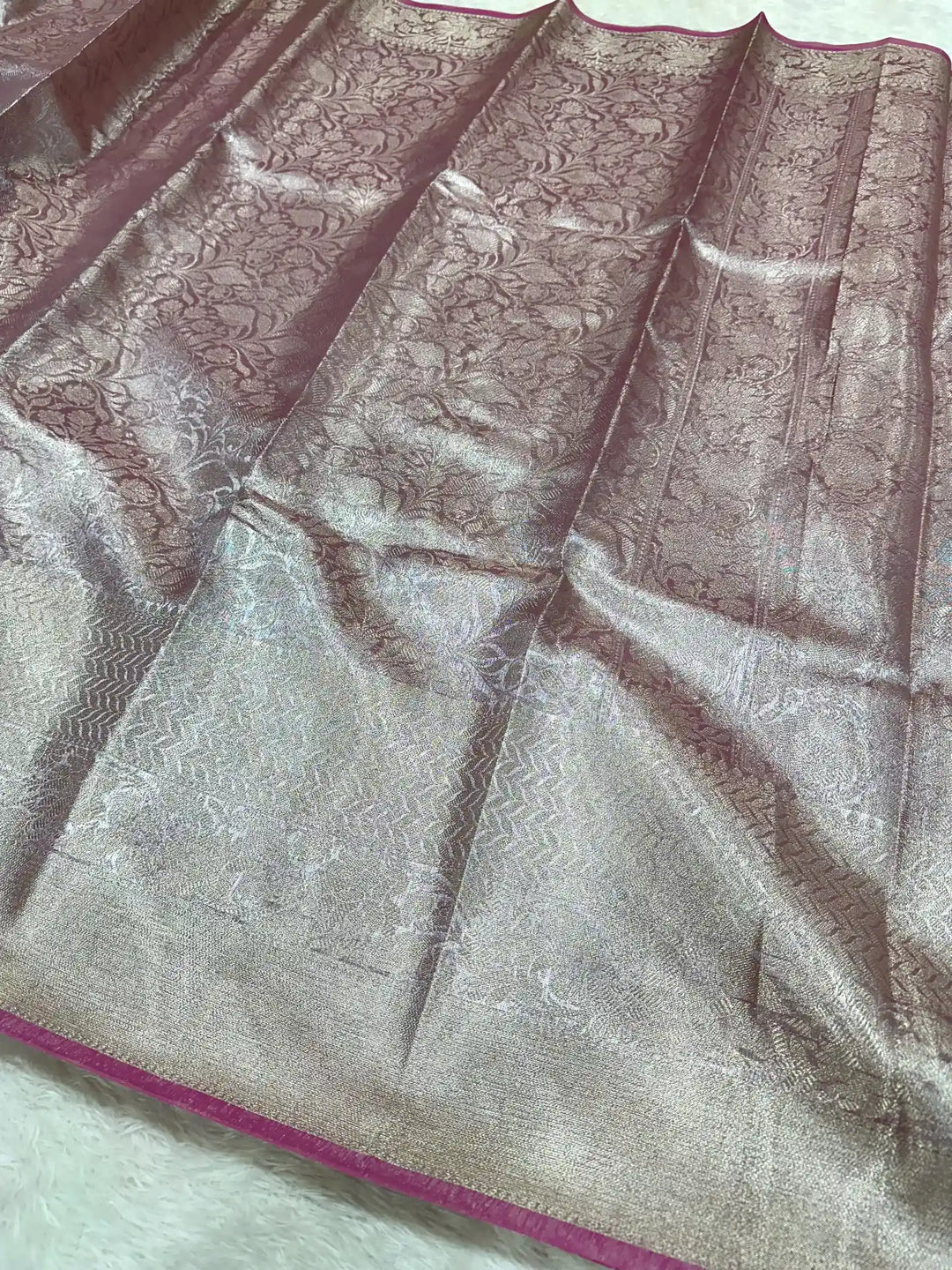 Pretty pink embossed kanjivaram tissue saree