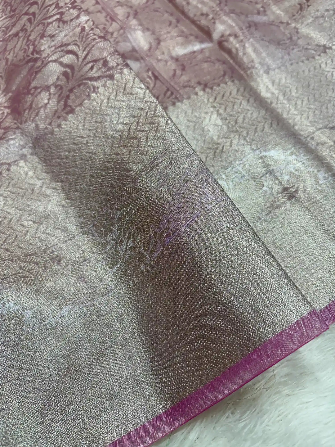 Pretty pink embossed kanjivaram tissue saree