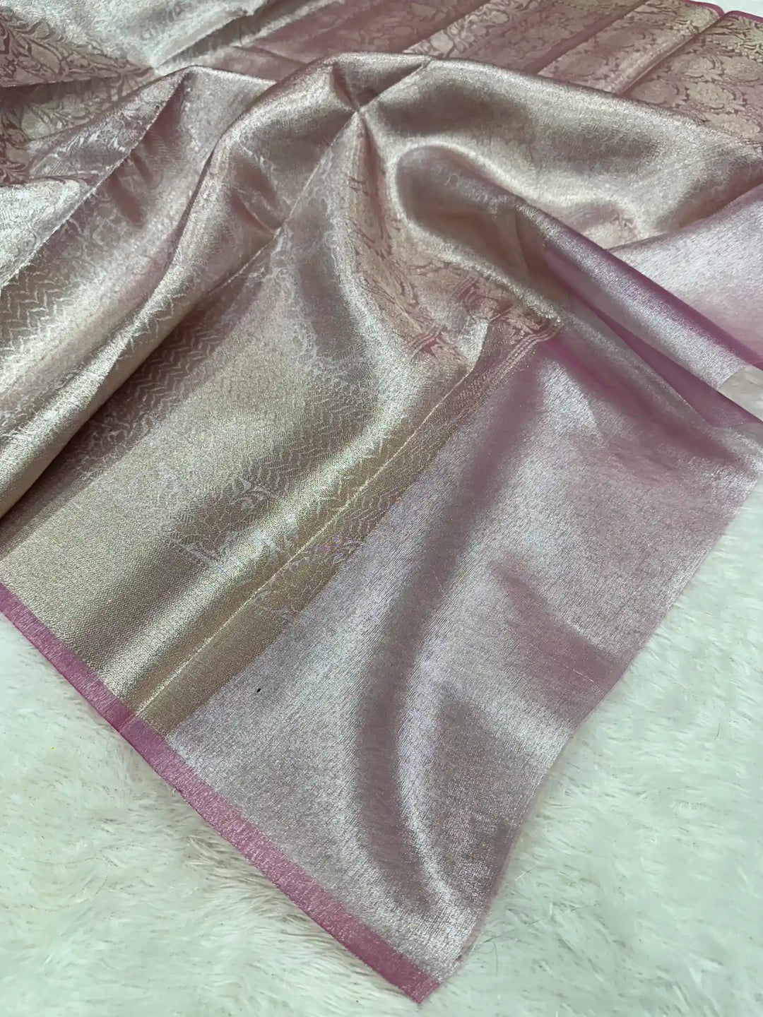Pretty pink embossed kanjivaram tissue saree