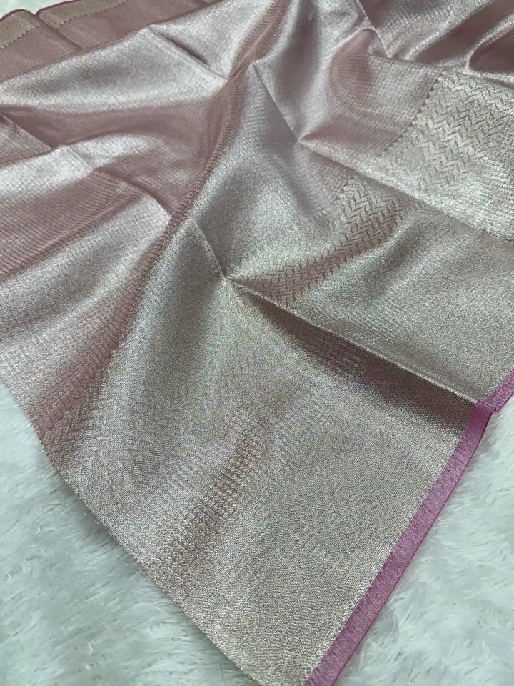 Pretty pink embossed kanjivaram tissue saree