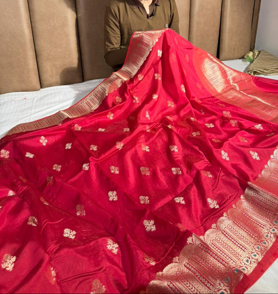 Pretty red Chinia silk contemporary traditional Banarasi 