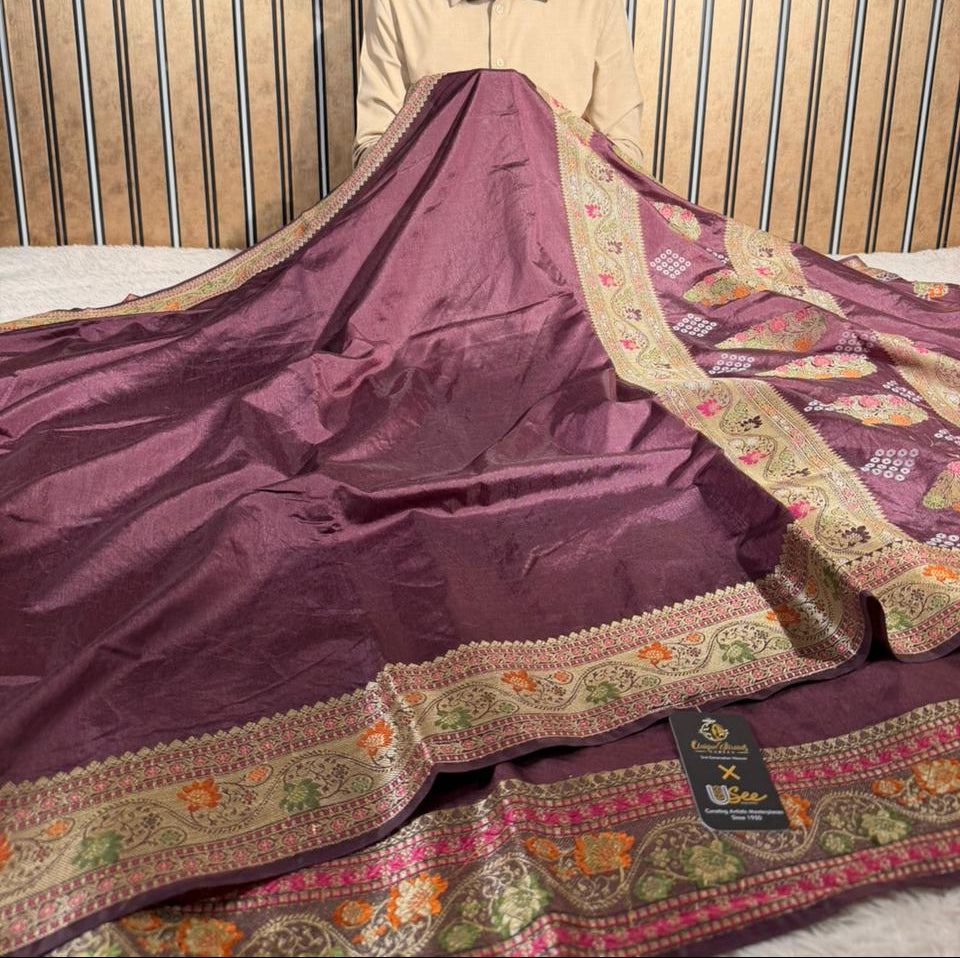 Pretty wine shade warm silk Banarasi saree in Tilfi Meenakari weave