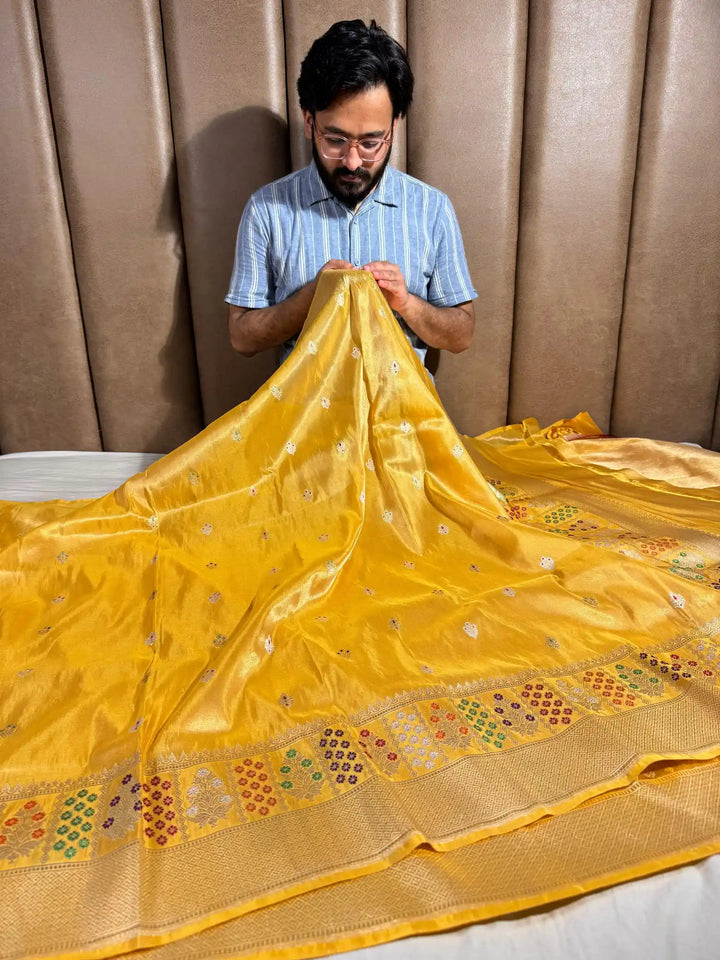 Pure Handloom Tissue Silk Kadwa Saree with Meenakari Work and Rich Pallu