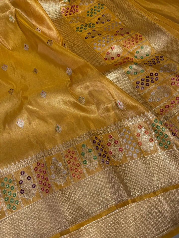 Pure Handloom Tissue Silk Kadwa Saree with Meenakari Work and Rich Pallu