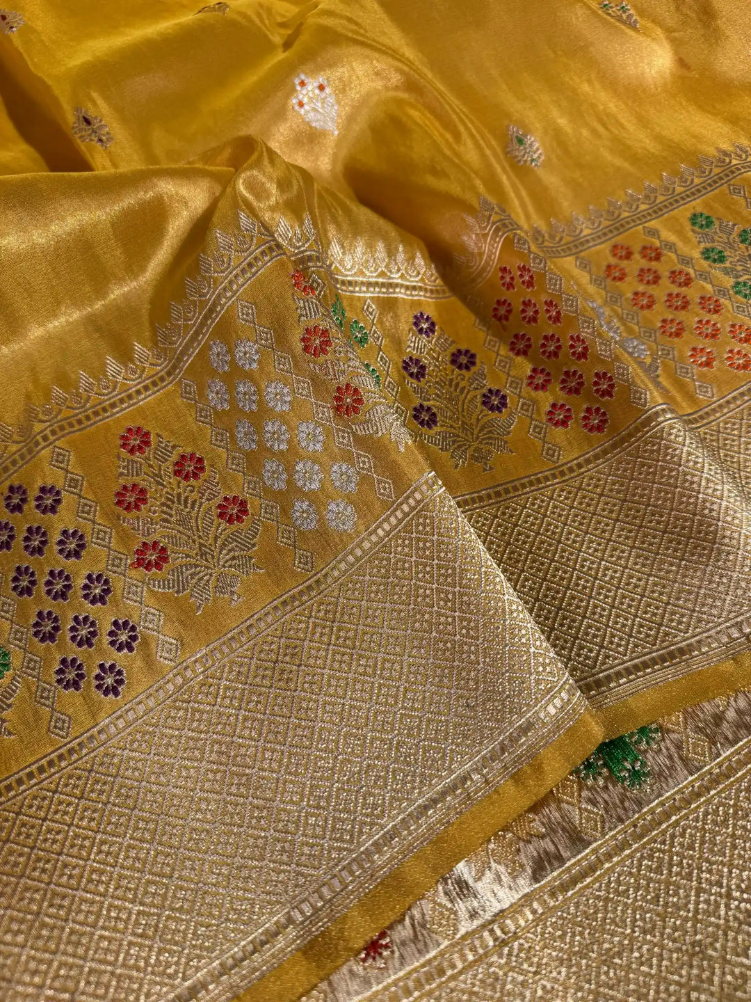 Pure Handloom Tissue Silk Kadwa Saree with Meenakari Work and Rich Pallu