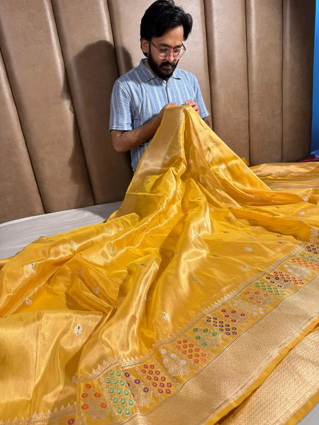 Pure Handloom Tissue Silk Kadwa Saree with Meenakari Work and Rich Pallu