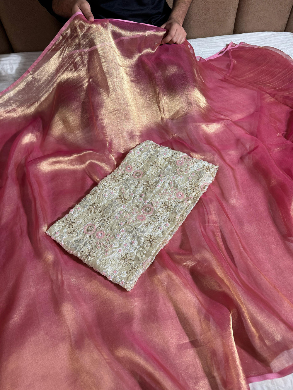 Pure Reshmi Tissue Silk Saree with handwork designer blouse