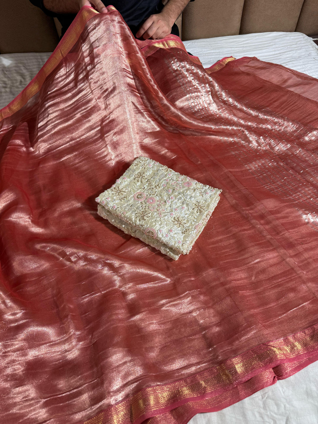 Pure Reshmi Tissue Silk Saree with handwork designer blouse Rs 7399