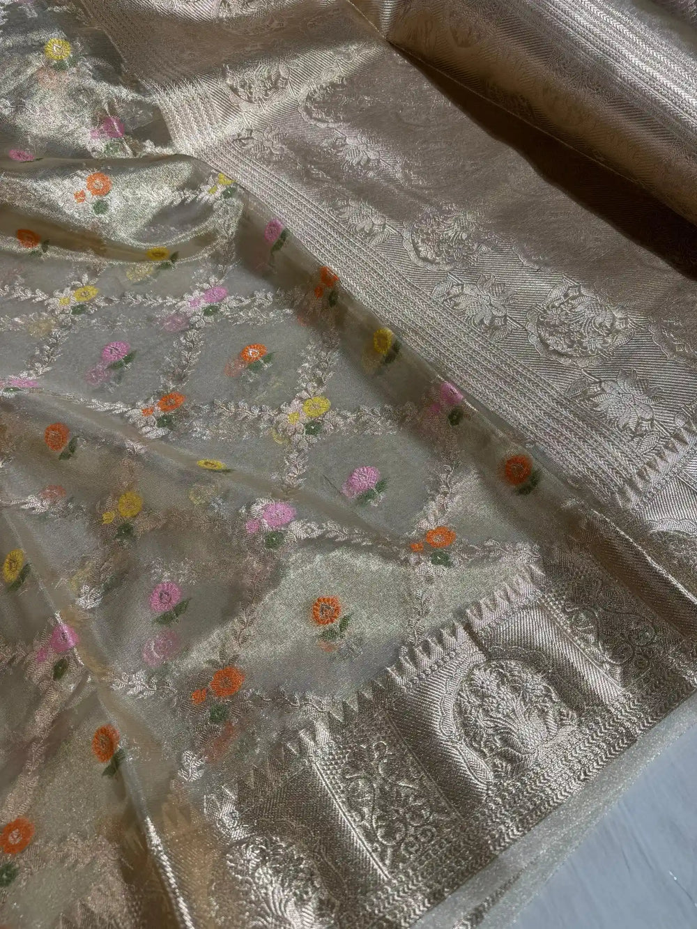 Pure Water Zari Tissue Silk Saree with Rich Pallu and Blouse