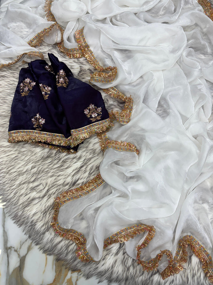 Pure White Shimmery Tissue Saree With Pretty Lace Work