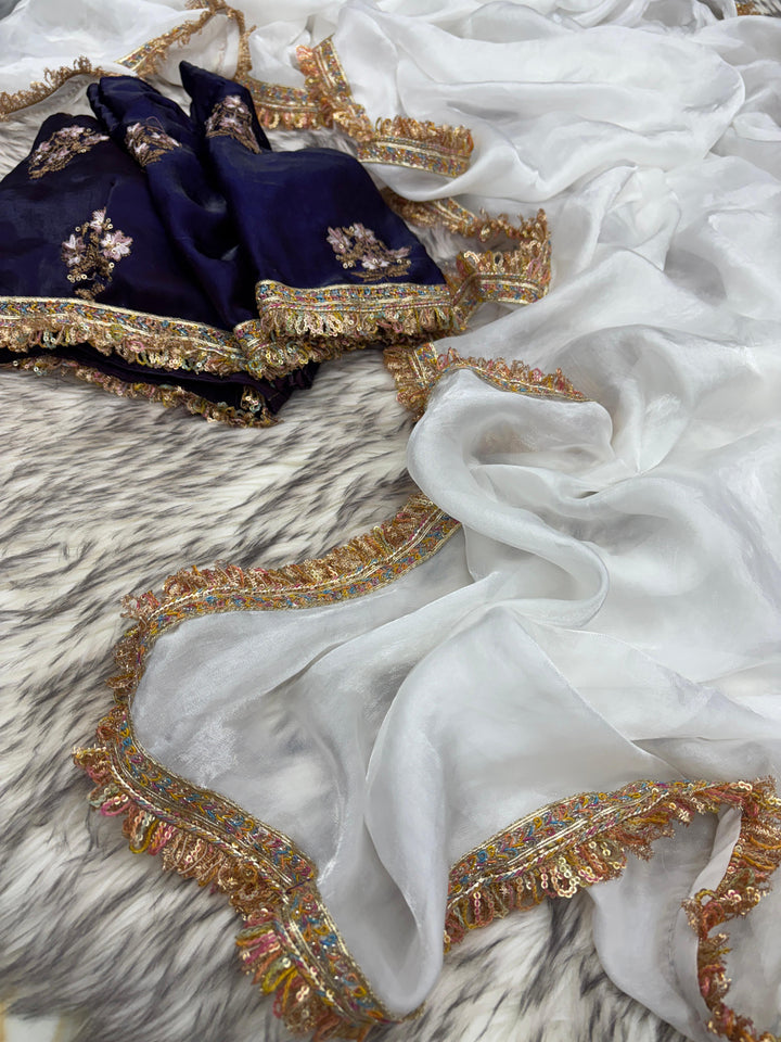 Pure White Shimmery Tissue Saree With Pretty Lace Work