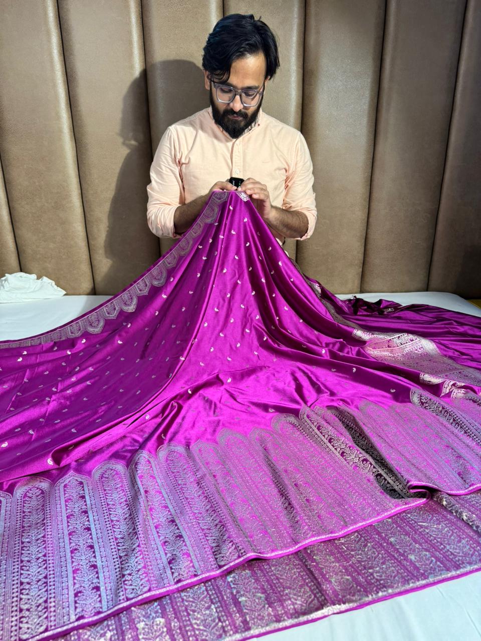 Purple Banarasi Mashru Katan Silk saree with rich pallu and makbara unique border