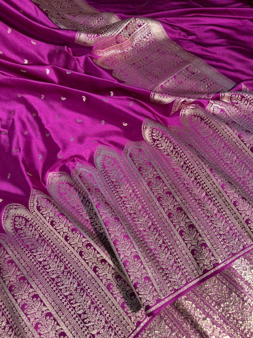 Purple Banarasi Mashru Katan Silk saree with rich pallu and makbara unique border