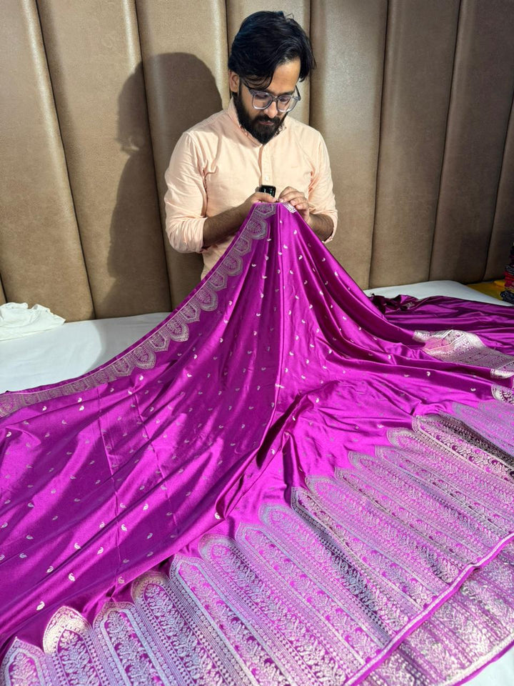 Purple Banarasi Mashru Katan Silk saree with rich pallu and makbara unique border
