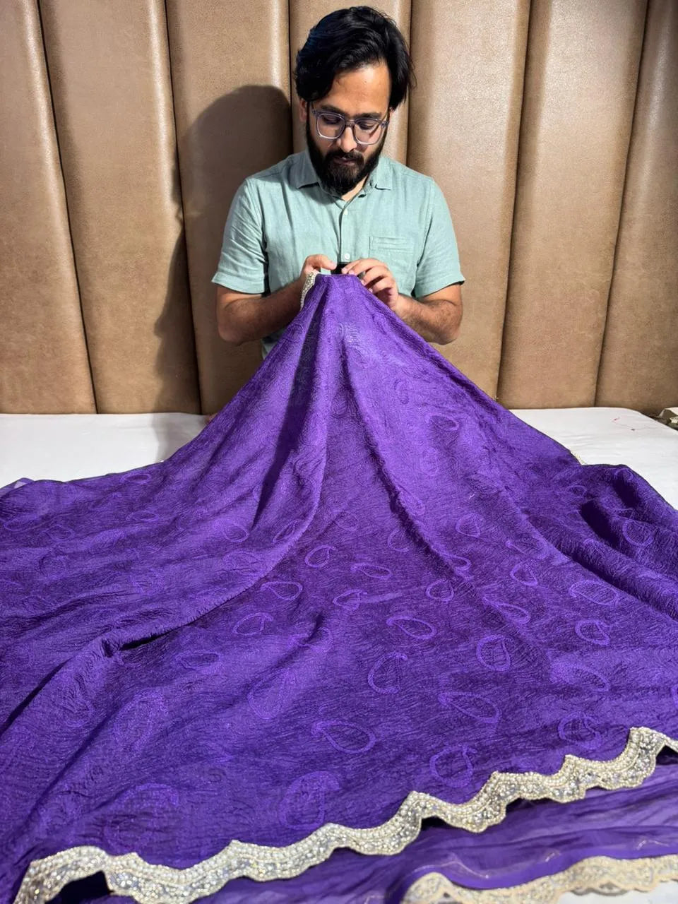 Purple Colour Pure Mul Cotton chikankari saree with motiwork lace border and scelup pallu