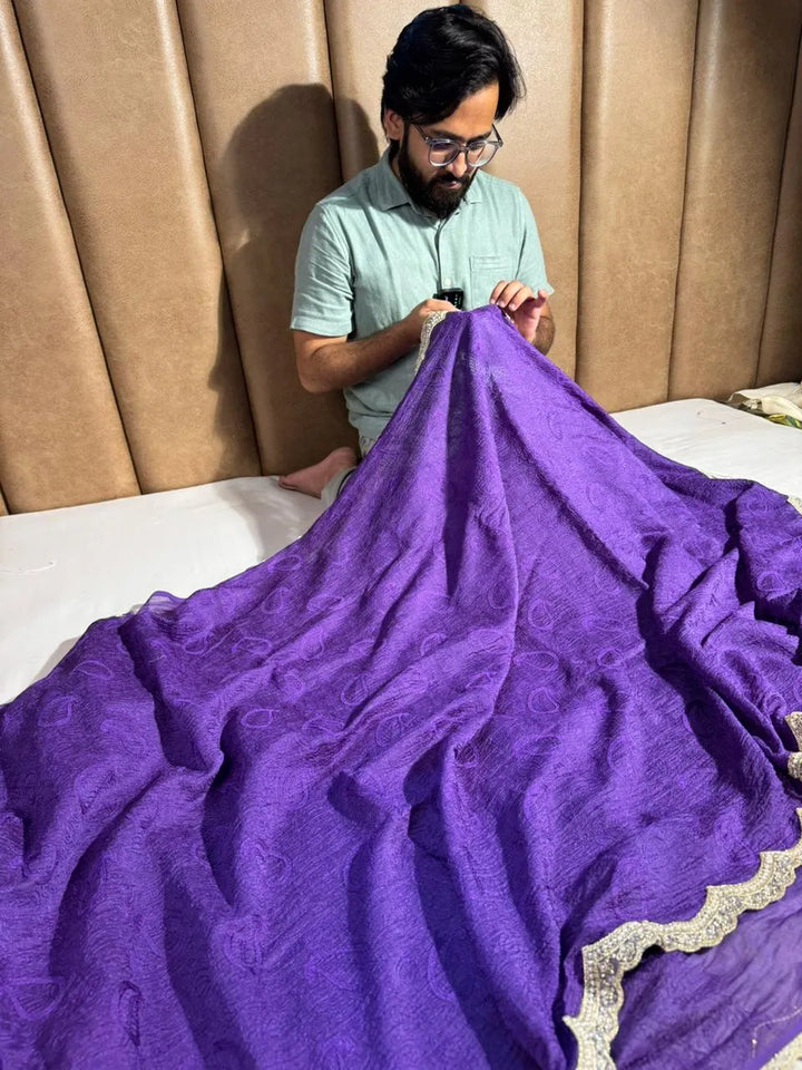 Purple Colour Pure Mul Cotton chikankari saree with motiwork lace border and scelup pallu