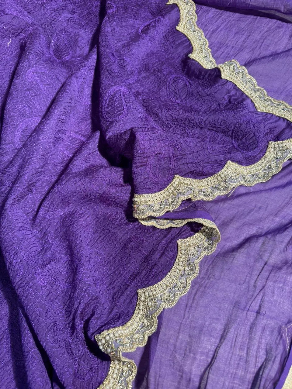 Purple Colour Pure Mul Cotton chikankari saree with motiwork lace border and scelup pallu