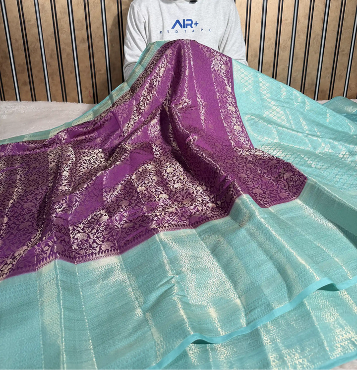 Purple Contrast Pure Chiniya Silk Floral Weave Banarasi Saree