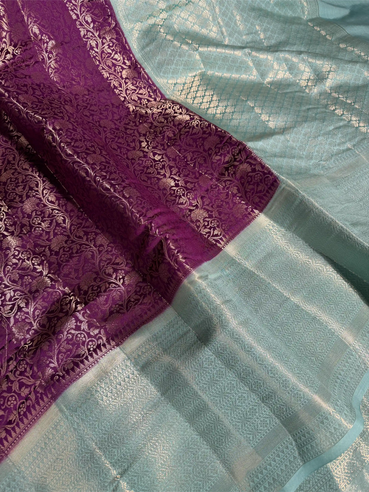 Purple Contrast Pure Chiniya Silk Floral Weave Banarasi Saree