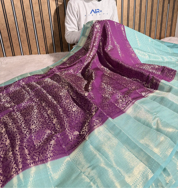 Purple Contrast Pure Chiniya Silk Floral Weave Banarasi Saree