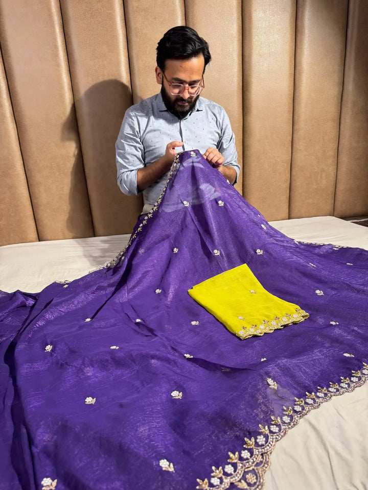 Purple Embroidery And Beads Work Soft Silk Saree