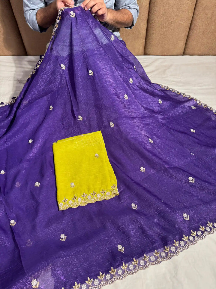 Purple Embroidery And Beads Work Soft Silk Saree