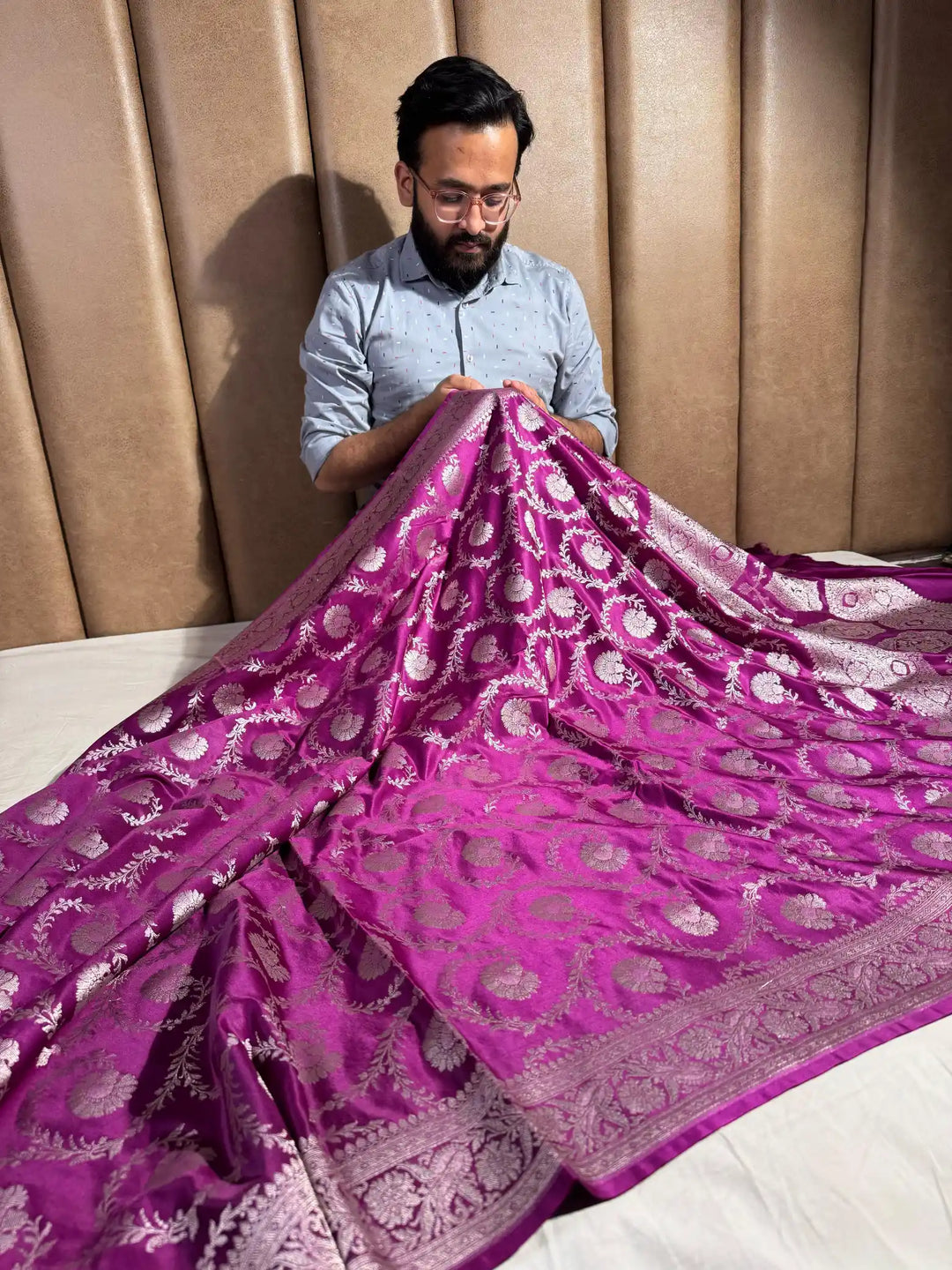 Purple Floral Jaal Weave Mashru Katan Silk Saree
