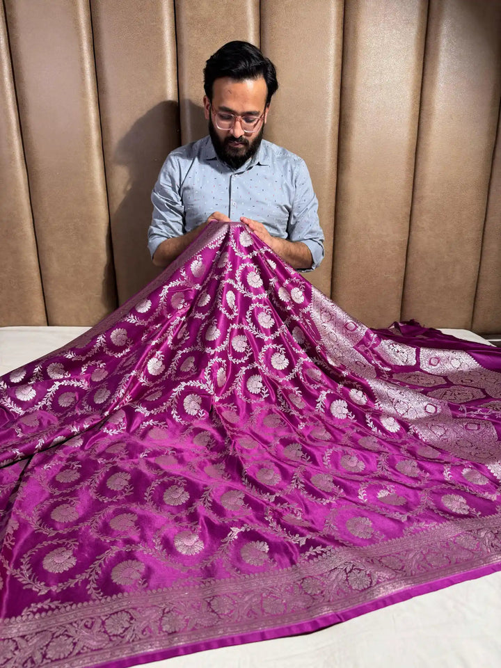 Purple Floral Jaal Weave Mashru Katan Silk Saree