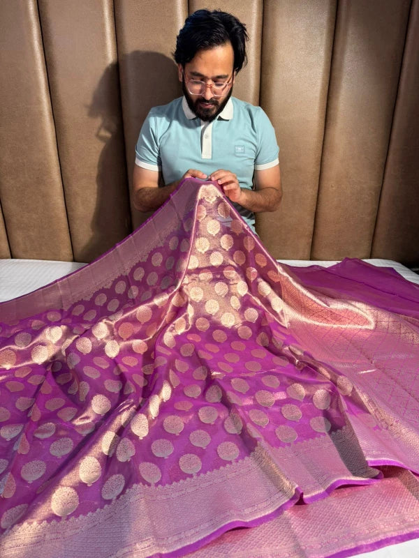 Purple Handloom Kadhwa Pure Tissue Silk Saree with Rich Pallu and Blouse