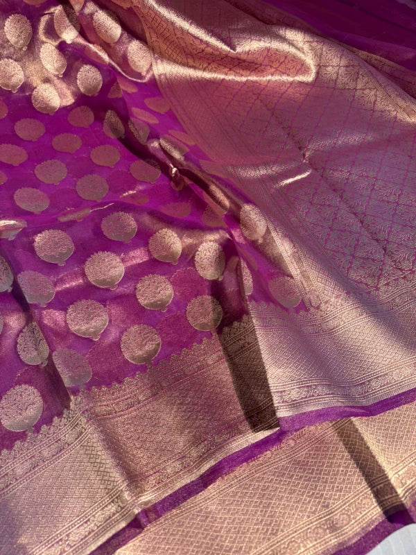 Purple Handloom Kadhwa Pure Tissue Silk Saree with Rich Pallu and Blouse