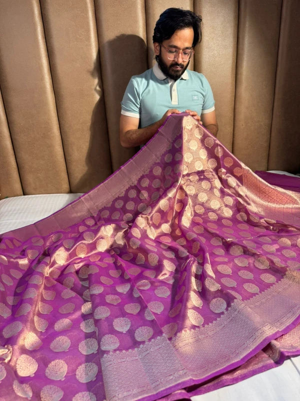 Purple Handloom Kadhwa Pure Tissue Silk Saree with Rich Pallu and Blouse