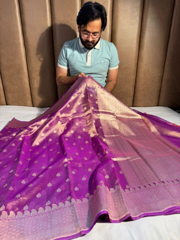 Purple Handloom Kadhwa Pure Tissue Silk Saree with Rich Pallu and Blouse