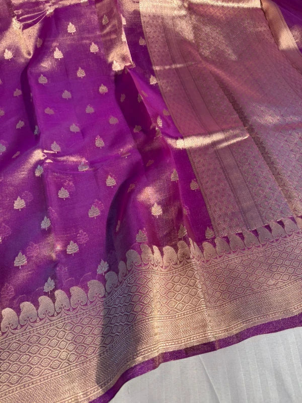 Purple Handloom Kadhwa Pure Tissue Silk Saree with Rich Pallu and Blouse