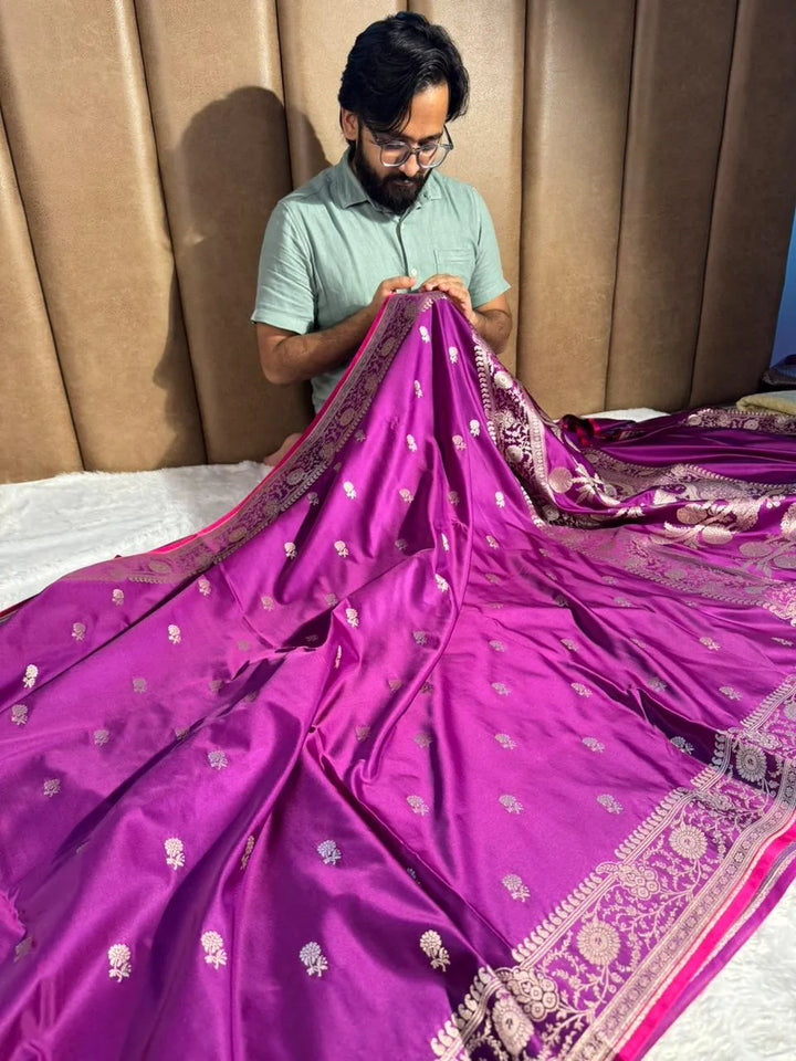 Purple Mashru Katan Silk Buta Work Banarasi Saree