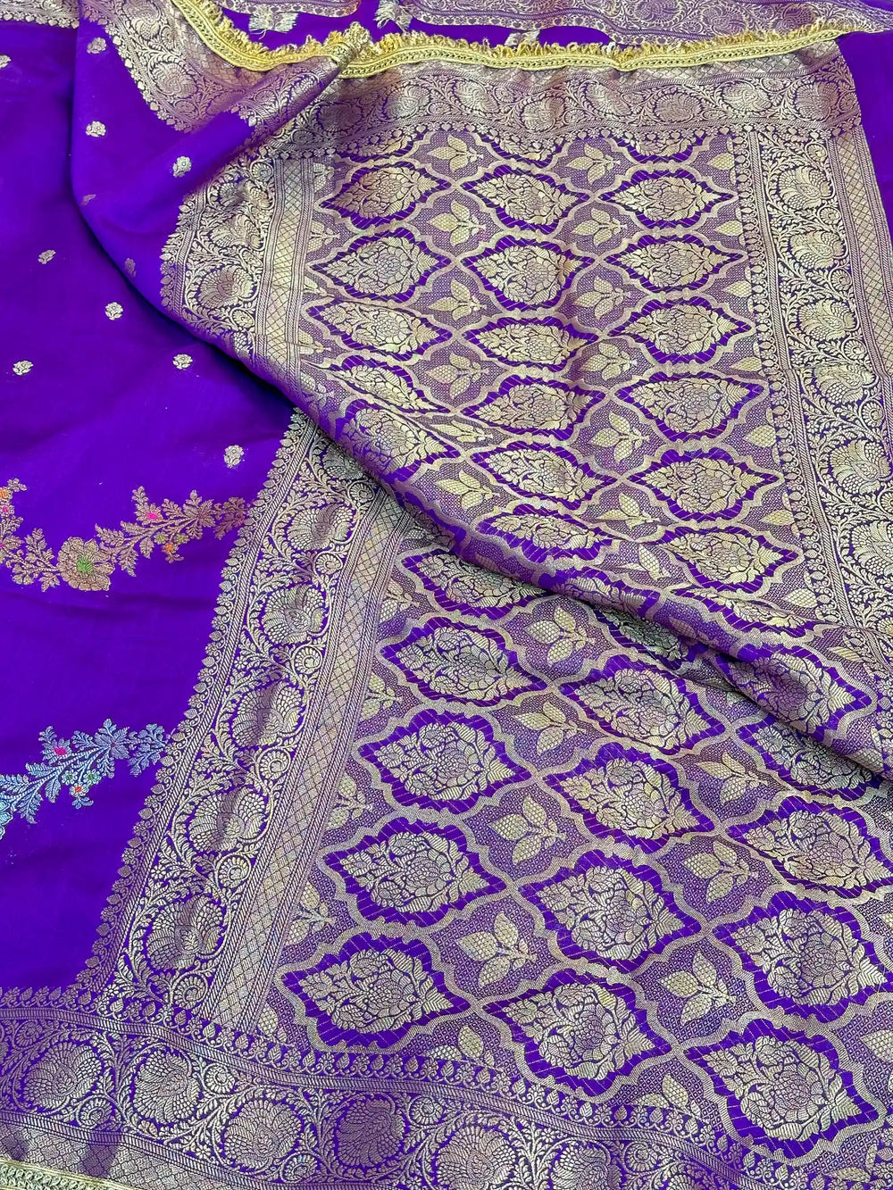 Purple Meenakari Leheriya Chiniya Silk Lace Attached Banarasi Saree 