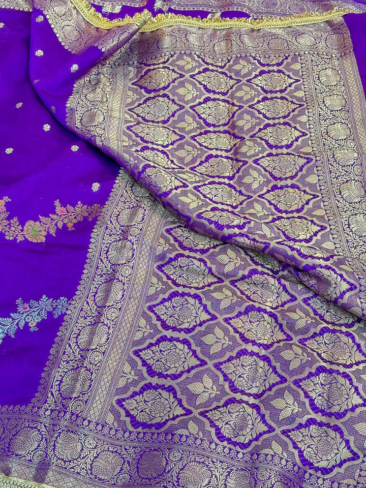 Purple Meenakari Leheriya Chiniya Silk Lace Attached Banarasi Saree 